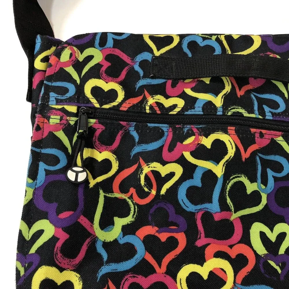 Yak Pak Black Brights Hearts Messenger Bag Bookbag Travel Shoulder Strap Bag